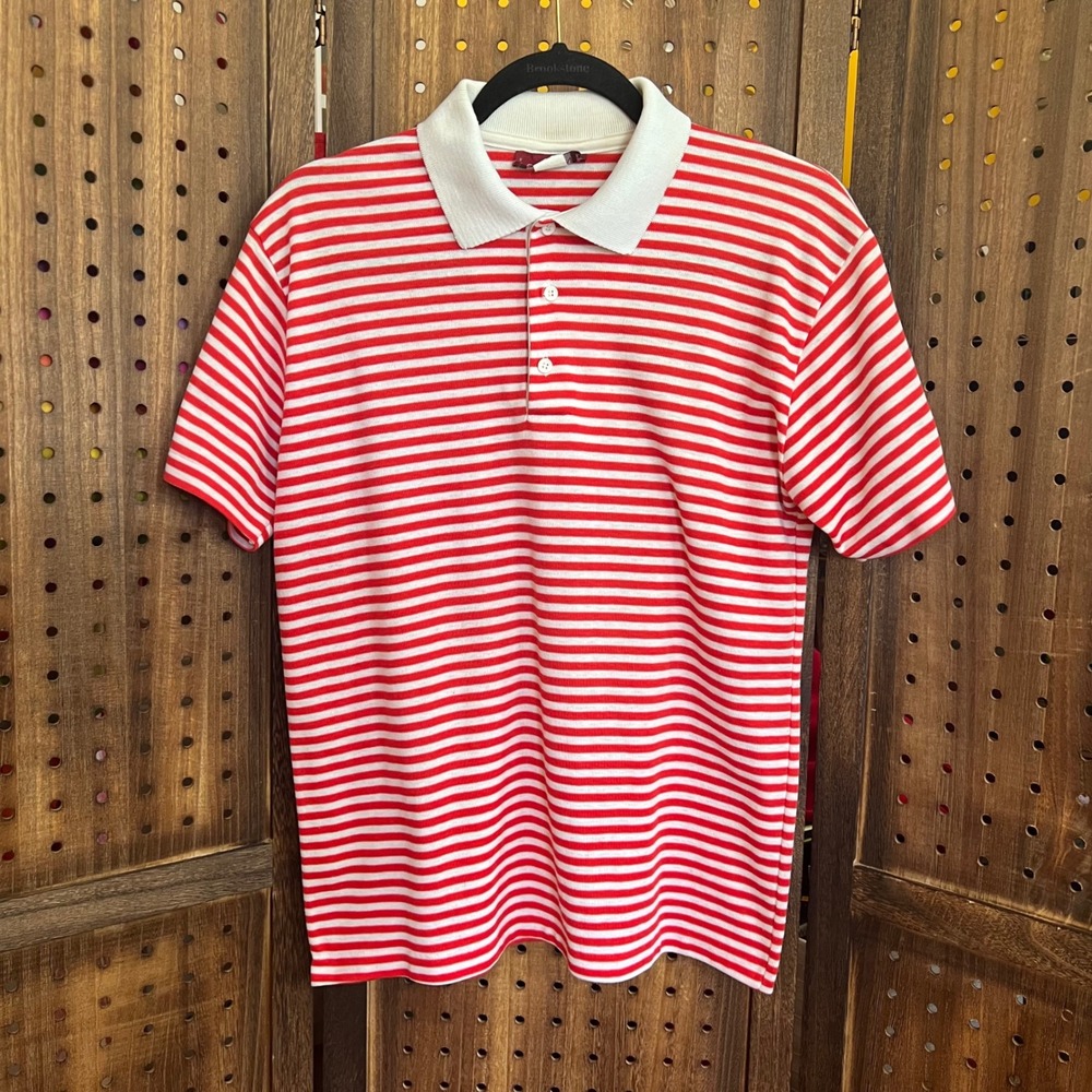 Sasson Red and White Stripe Polo Shirt Size Large VTG 1980s Preppy Retro